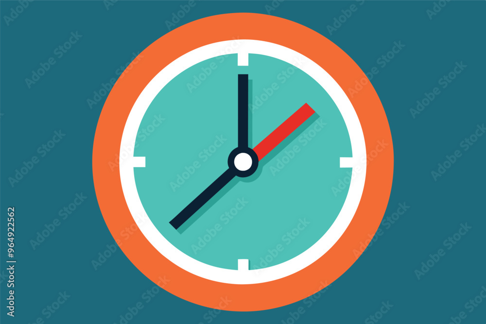 A colorful clock depicting the time with black hands indicating a quarter past two on a teal background, encircled by a bright orange border A colorful clock depicting the time with black hands indicating a quarter past two on a teal background, encircled by a bright orange border