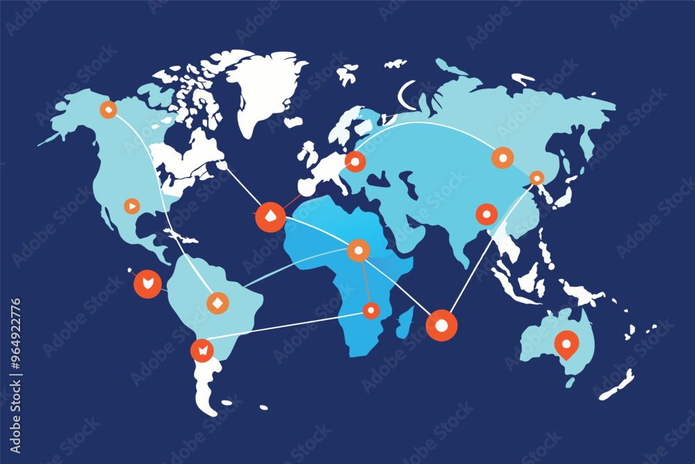 Global connections illustrated on a stylized map showcasing major continents, countries, and network links representing international relationships in modern communication Global connections illustrated on a stylized map showcasing major continents, countries, and network links representing international relationships in modern communication