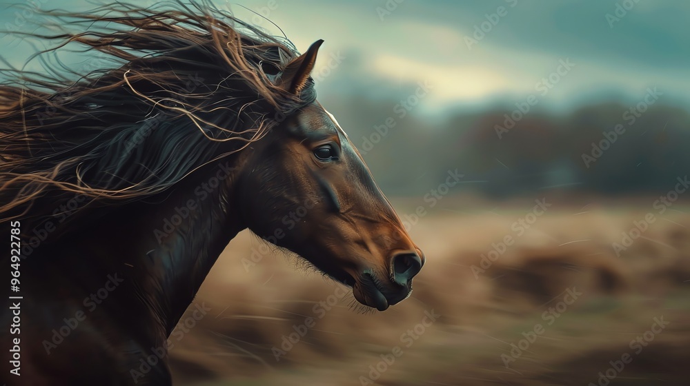 A horse with long, flowing mane runs in a field. A horse with long, flowing mane runs in a field.