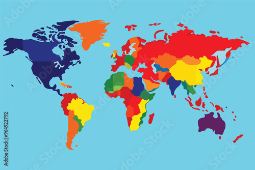 Colorful world map depicting geographic regions and continents with distinct colors representing different areas captured against a light blue background