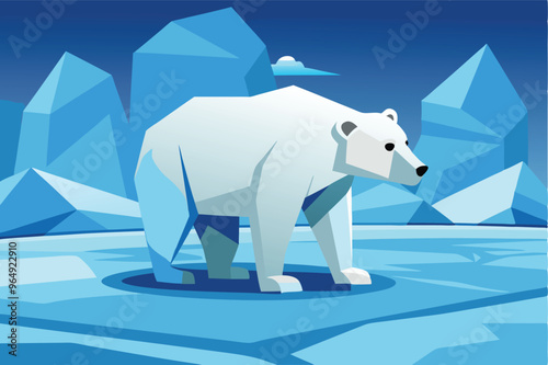 A polar bear stands on an ice floe amidst a backdrop of blue ice formations under a clear sky in an Arctic environment