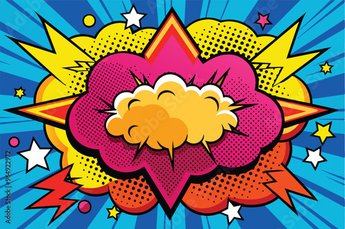 Brightly colored comic-style explosion with stars and lightning bolts set against a vibrant blue background depicting excitement and energy