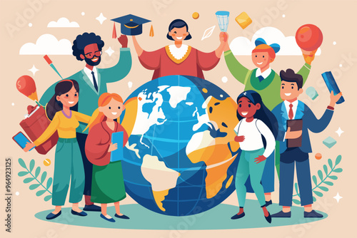 A diverse group of individuals celebrating global community and achievement in a colorful illustration showcasing unity and collaboration around a globe