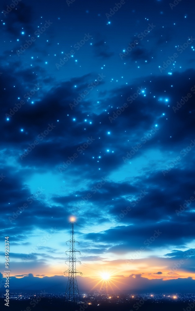 A stunning twilight scene featuring a tower silhouetted against a vibrant sunset and a starry sky, evoking tranquility and exploration. A stunning twilight scene featuring a tower silhouetted against a vibrant sunset and a starry sky, evoking tranquility and exploration.