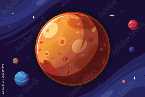 A vibrant digital illustration of Mars with surrounding planets and a dark, starry space backdrop, showcasing the beauty of our solar system