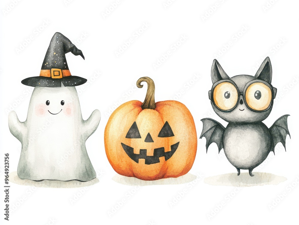 Watercolor Illustration of a Ghost, Pumpkin, and Bat Watercolor Illustration of a Ghost, Pumpkin, and Bat