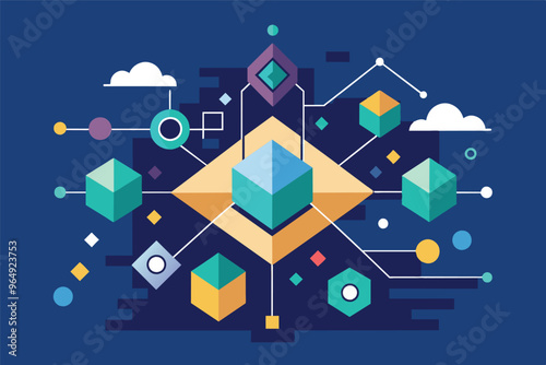 Digital abstract representation of interconnected geometric shapes and colorful elements on a deep blue background enhancing visual complexity in modern design