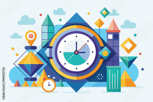 Colorful geometric design featuring a clock, abstract shapes, and playful elements set against a light blue background with symbols of time and measurement