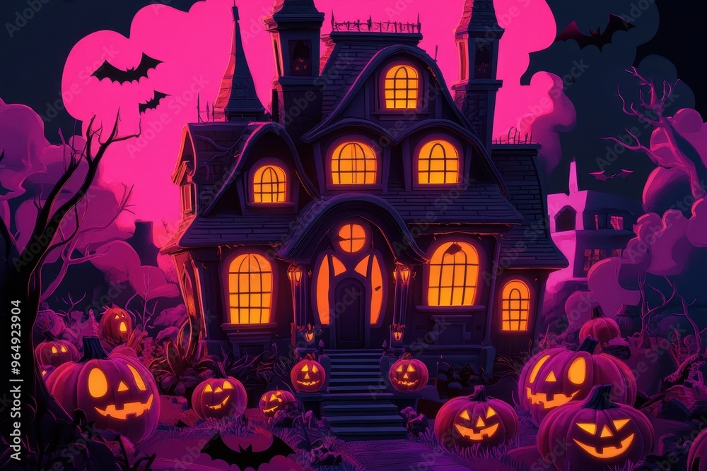 Spooky Halloween Haunted House with Jack-O-Lanterns and Bats Spooky Halloween Haunted House with Jack-O-Lanterns and Bats