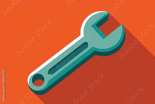 A simple, flat design of a wrench outlined in teal against a bright orange background, ideal for representing tools or DIY projects