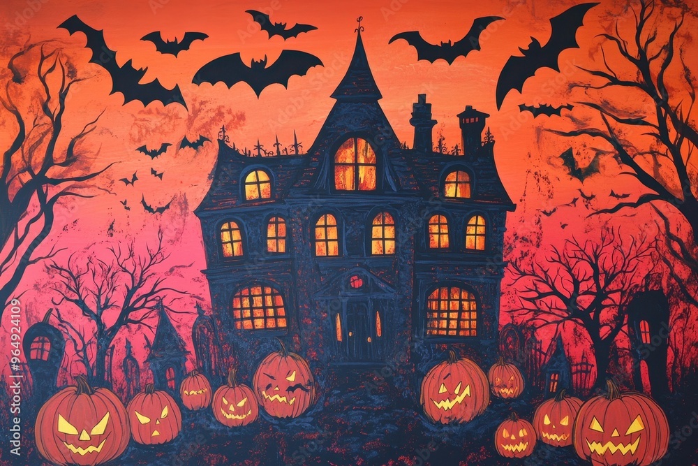 Fototapeta premium Haunted House with Jack-o-Lanterns and Bats in a Forest