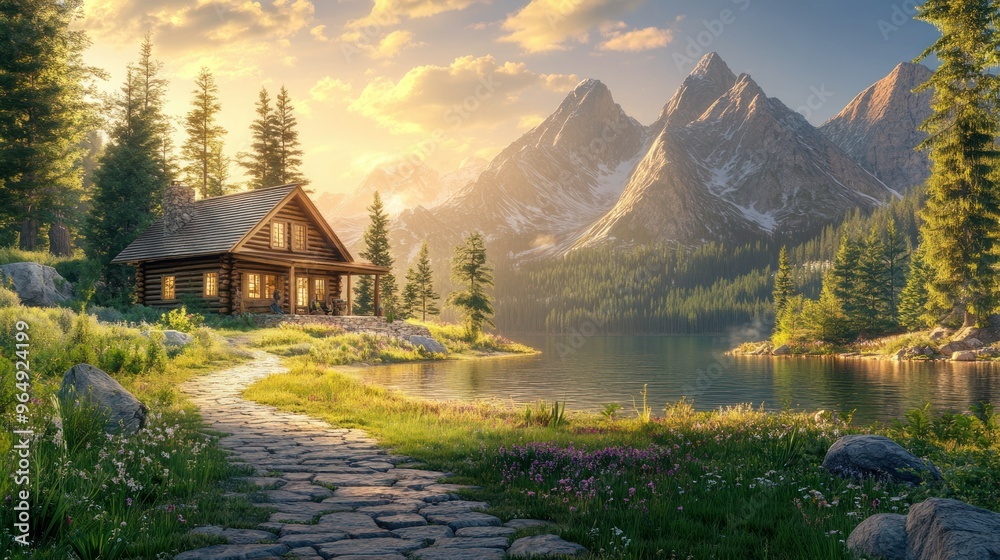 Fototapeta premium The cabin is surrounded by towering pine trees and a vibrant wildflower meadow. A stone path leads to a small, serene lake where the cabin reflects perfectly on the calm water.