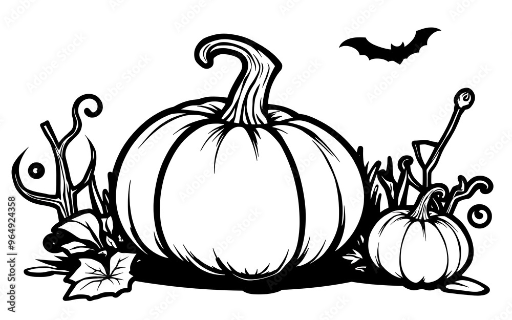 Black and white illustration of two pumpkins with a bat flying above, perfect for Halloween designs.
Black and white illustration of two pumpkins with a bat flying above, perfect for Halloween designs.