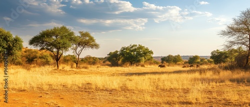 Serene savanna landscape with grazing animals at sunset in Africa