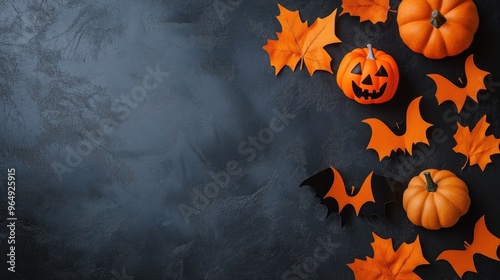 Fundo escuro e misterioso de Halloween com abóboras e morcegos em tons de laranja. Perfeito para criar atmosferas assustadoras e celebrar o Dia das Bruxas photo