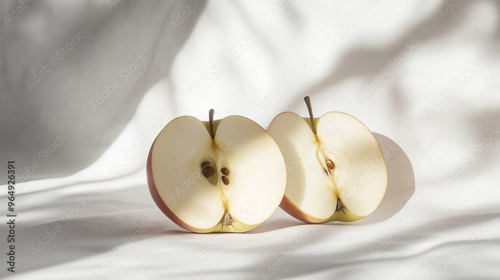 a halved apple with seeds visible and a fresh, glossy peel against an isolated contextual background a halved apple with seeds visible and a fresh, glossy peel against an isolated contextual background