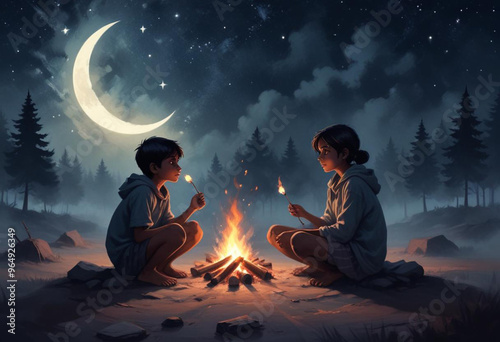 Comic A young Indian couple sitting on the ground under a starry night sky