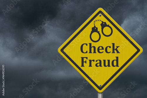  Check fraud warning sign with stormy sky