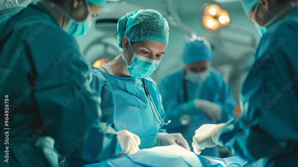A team of surgeons performs a surgery in an operating room.