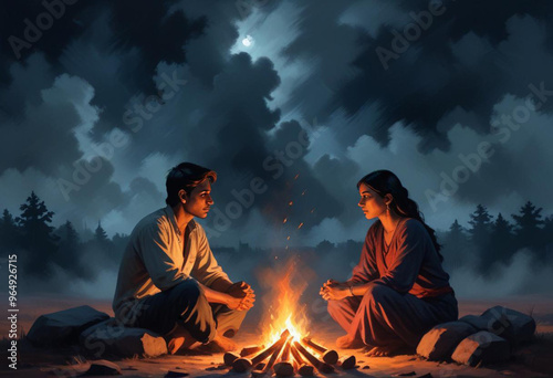 Comic A young Indian couple sitting on the ground under a starry night sky