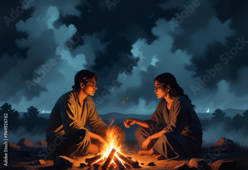Comic A young Indian couple sitting on the ground under a starry night sky