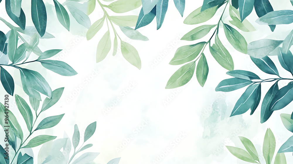 Watercolor painting of green leaves on a white background. The leaves create a frame around the center of the image. Perfect for nature-themed designs. Watercolor painting of green leaves on a white background. The leaves create a frame around the center of the image. Perfect for nature-themed designs.