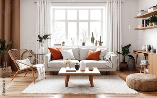 A cozy living room with white and orange accents, perfect for a modern home design. 