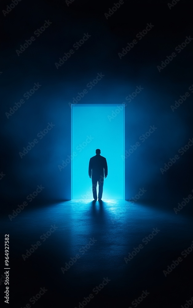 A mysterious figure stands in a doorway, bathed in blue light, evoking a sense of intrigue and the unknown. A mysterious figure stands in a doorway, bathed in blue light, evoking a sense of intrigue and the unknown.