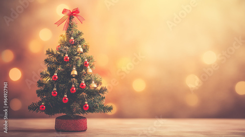 a tabletop christmas tree with small bells and red ribbons against an isolated warm-toned background