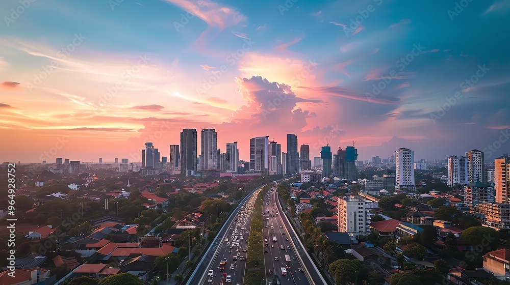 Fototapeta premium A city skyline at sunset.