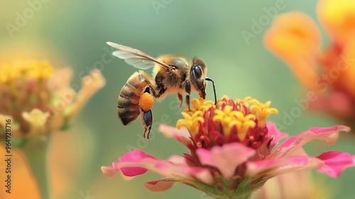 A bee pollinates a flower.