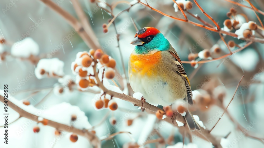 A colorful bird sits on a snow-covered branch with berries. A colorful bird sits on a snow-covered branch with berries.