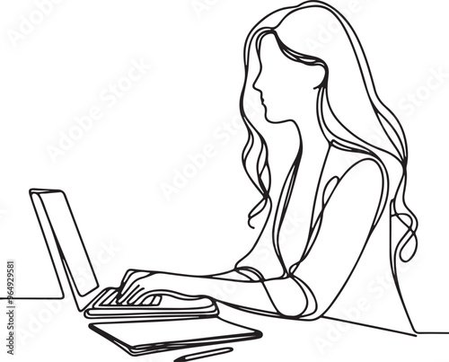 Line Drawing of a Businesswoman Working on a Laptop in an Office Setting