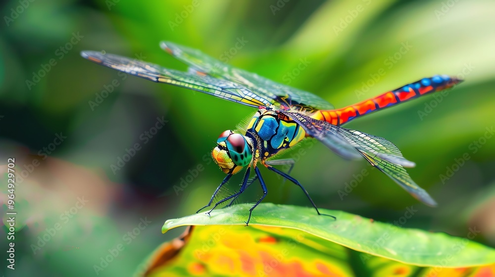 A colorful dragonfly perched on a green leaf. A colorful dragonfly perched on a green leaf.