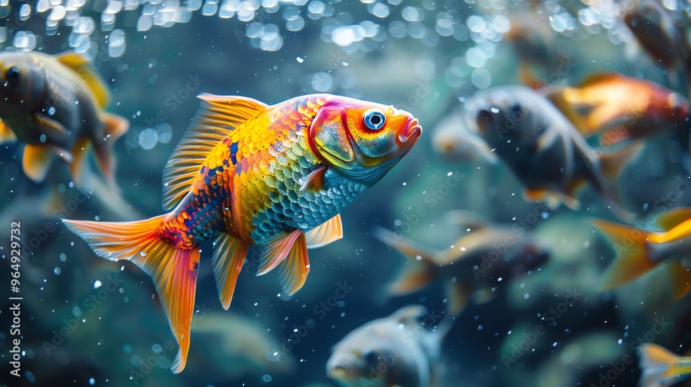A colorful fish swims in an aquarium with other fish. A colorful fish swims in an aquarium with other fish.