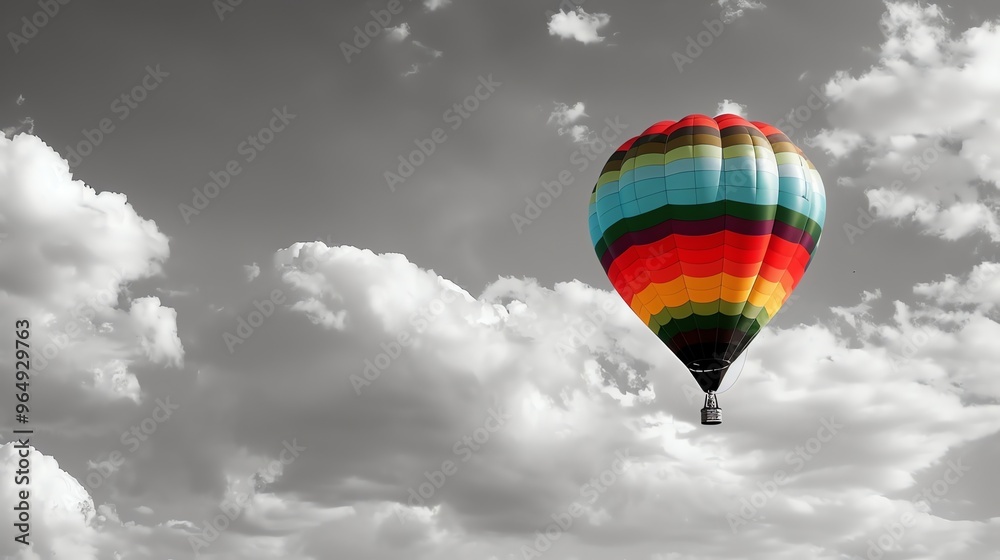 Fototapeta premium A colorful hot air balloon floats in a black and white sky.