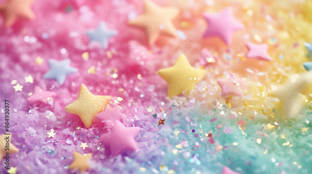 Colorful Pastel Stars On Sparkly Background Close-Up Colorful Pastel Stars On Sparkly Background Close-Up