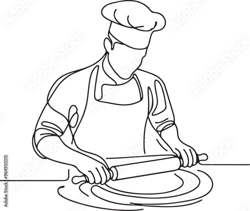 Line Drawing of Chef Rolling Pizza Dough with Wooden Rolling Pin - Bakery Art Illustration