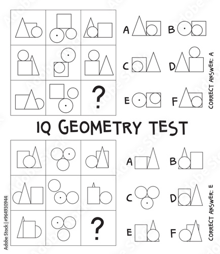 IQ test. Geometry quiz. Geometric shapes. Top and side projection. Logical tasks. Choose correct answer. Educational game for children. Vector illustration. Isolated on white background