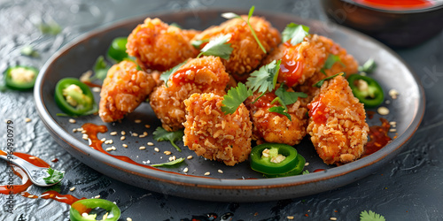 Savory spicy chicken nuggets with hot sauce and jalapenos served in traditional style