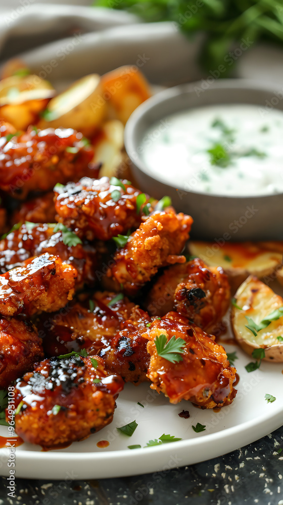 Savory BBQ chicken nuggets with tangy glaze, seasoned potato wedges, and ranch dipping sauce in traditional barbecue style Savory BBQ chicken nuggets with tangy glaze, seasoned potato wedges, and ranch dipping sauce in traditional barbecue style