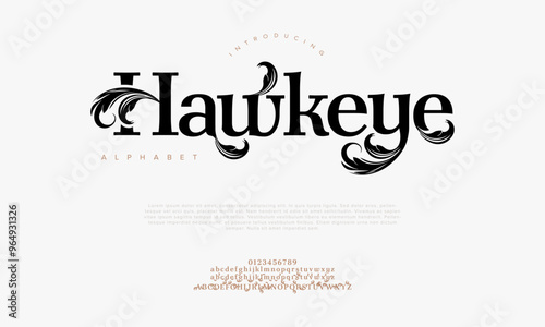 Hawkeye typography beauty fashion elegant minimalist serif italic fonts decorative wedding vintage retro logos. Minimal luxury font alphabet logo. Vector illustration