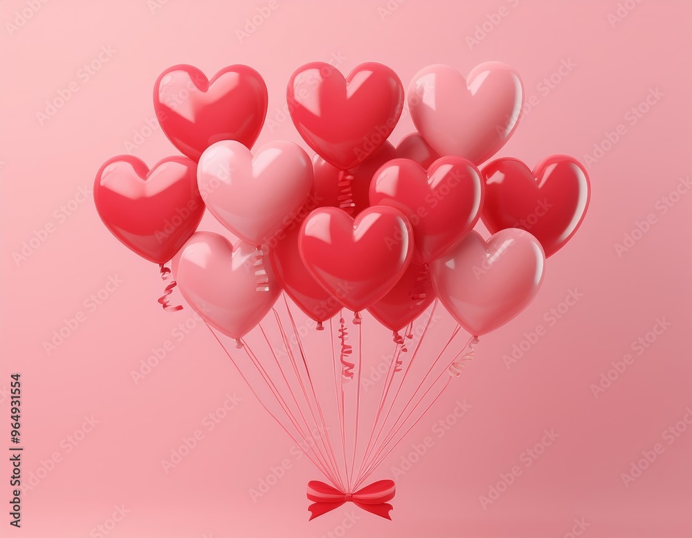 3D bunch of red and pink heart shaped balloons tied together with a bow, 3D illustration 3D bunch of red and pink heart shaped balloons tied together with a bow, 3D illustration