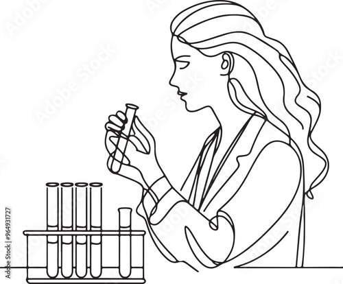 Minimalist Line Drawing of Female Scientist Analyzing Formula in Laboratory Tube on White Background