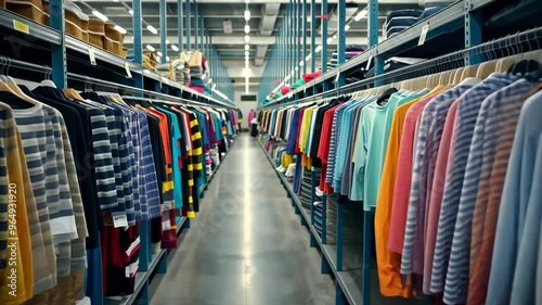 Exploring a vibrant clothing warehouse filled with colorful apparel and organized racks at a local distribution center