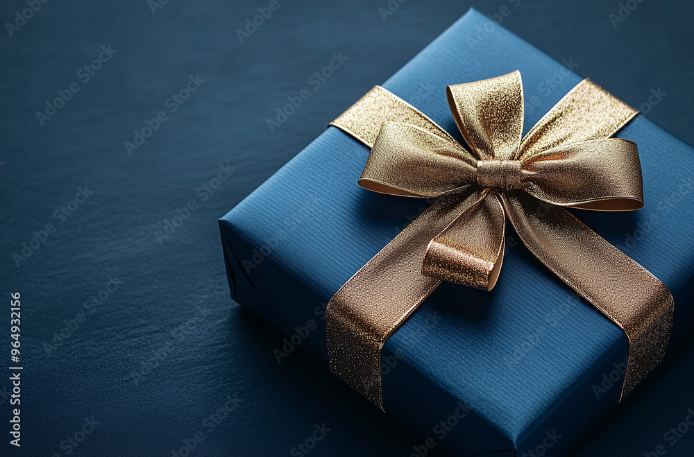 Blue Gift Box with a Gold Bow on a Navy Background Blue Gift Box with a Gold Bow on a Navy Background