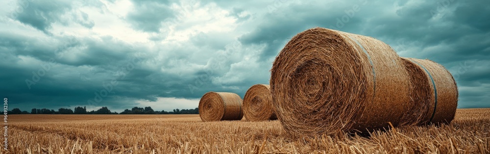 Stacked Hay Bales Under Cloudy Sky Representing Sustainable Farming Stacked Hay Bales Under Cloudy Sky Representing Sustainable Farming