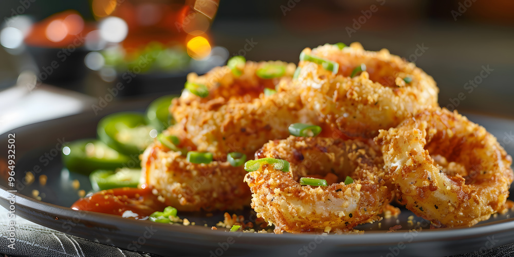 Authentic spicy onion rings with crunchy breadcrumbs, hot sauce, and fresh jalapeno served on a colorful plate Authentic spicy onion rings with crunchy breadcrumbs, hot sauce, and fresh jalapeno served on a colorful plate