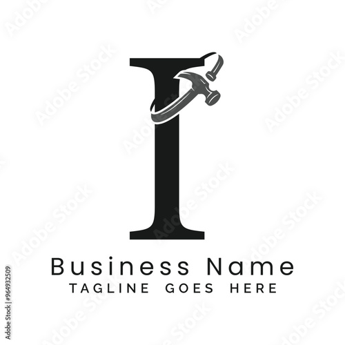 I Letter logo construction vector for woodworking company. Alphabet I hammer template illustration