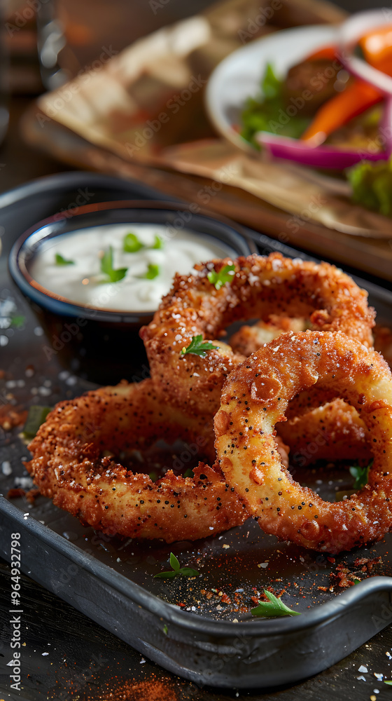 Crispy spicy onion rings with chili seasoning, ranch dipping sauce, and pickled vegetables served on a rustic platter Crispy spicy onion rings with chili seasoning, ranch dipping sauce, and pickled vegetables served on a rustic platter